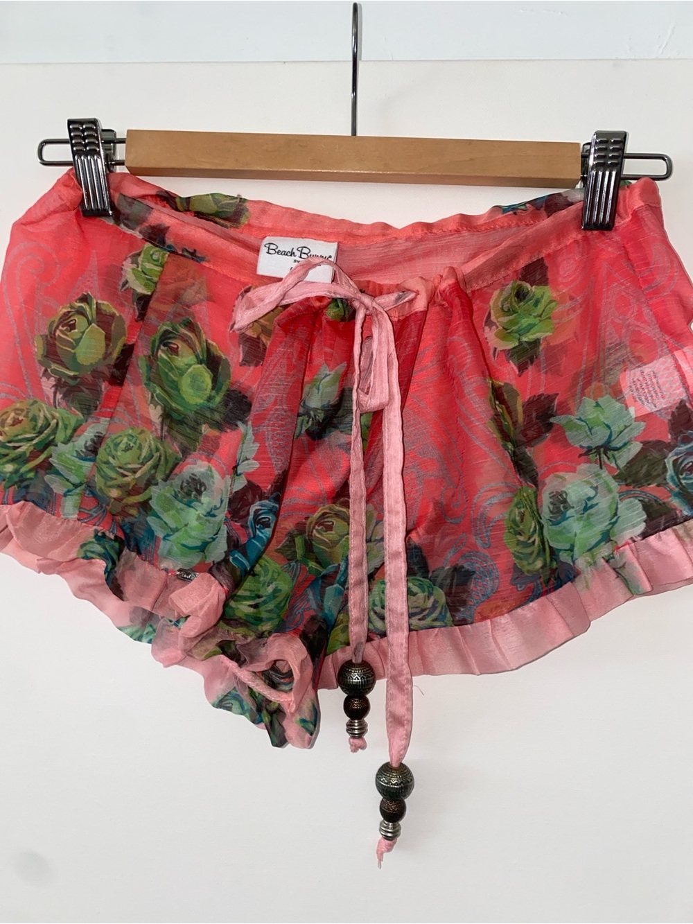 Beach Bunny Coral Floral Ruffle Sheer Beach Shorts